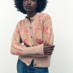 NWOT Beige & Pink Floral Cardigan
